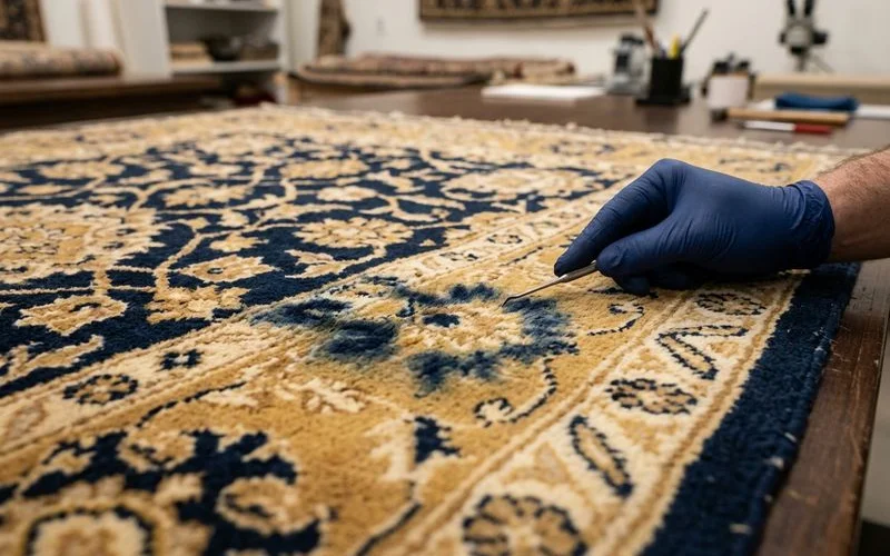 Color bleeding damage on a wool rug from improper wet cleaning