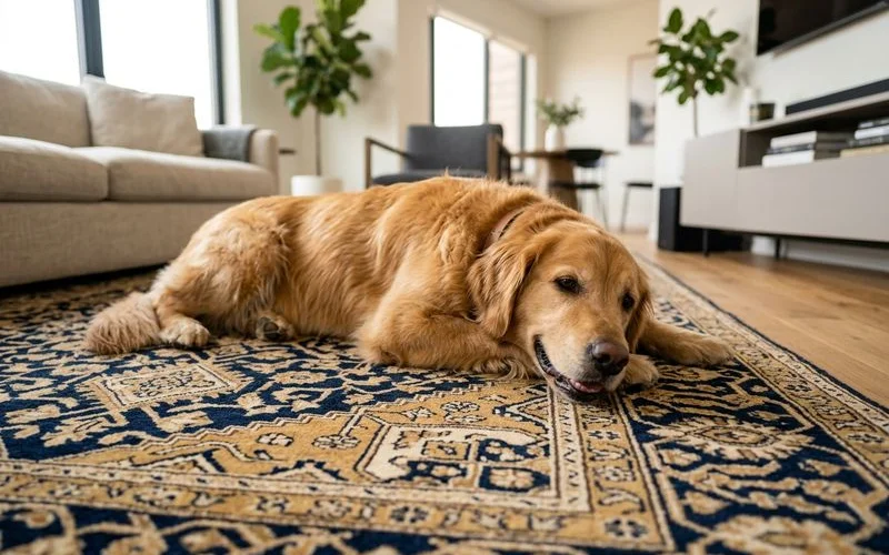 Dog resting on an area rug in a clean home