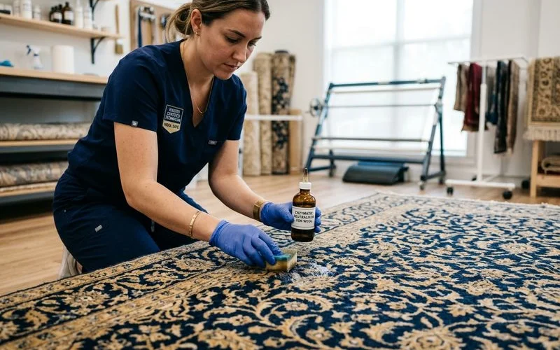 Technician applying enzymatic treatment to a rug