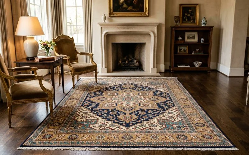 Restored antique rug displayed in a home