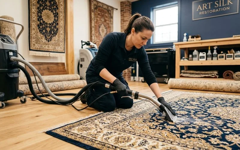 Low-moisture professional cleaning of an art silk rug