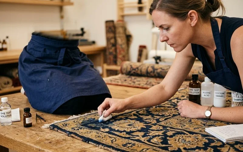 Technician dye-testing a corner of an antique rug