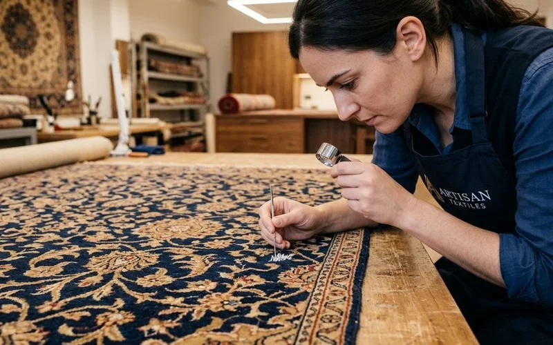 Technician examining a rug surface under good light