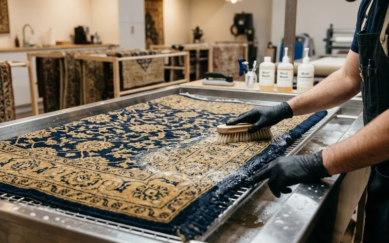 Treated wool rug being washed in a facility