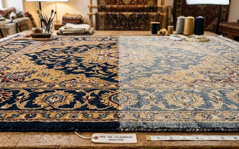 Faded section of a wool rug showing UV damage