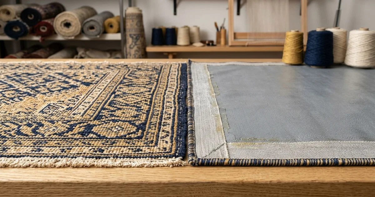 Back of a hand-knotted rug beside a glued tufted rug back