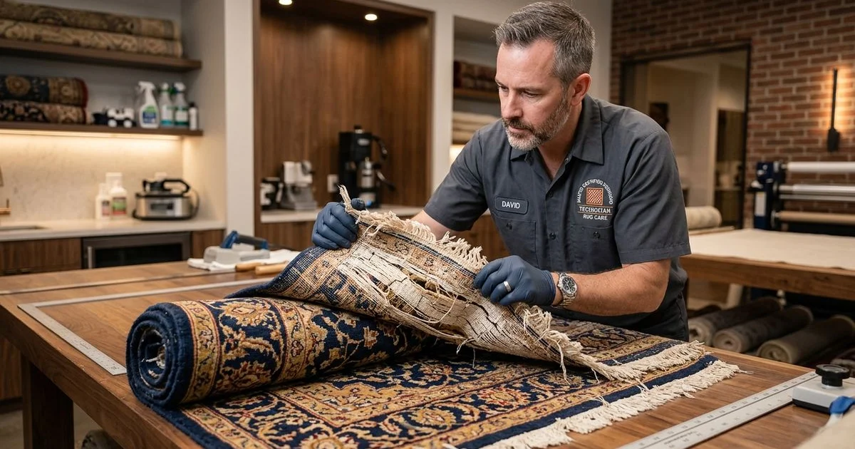 Technician flexing a rug to reveal cracking dry-rotted foundation