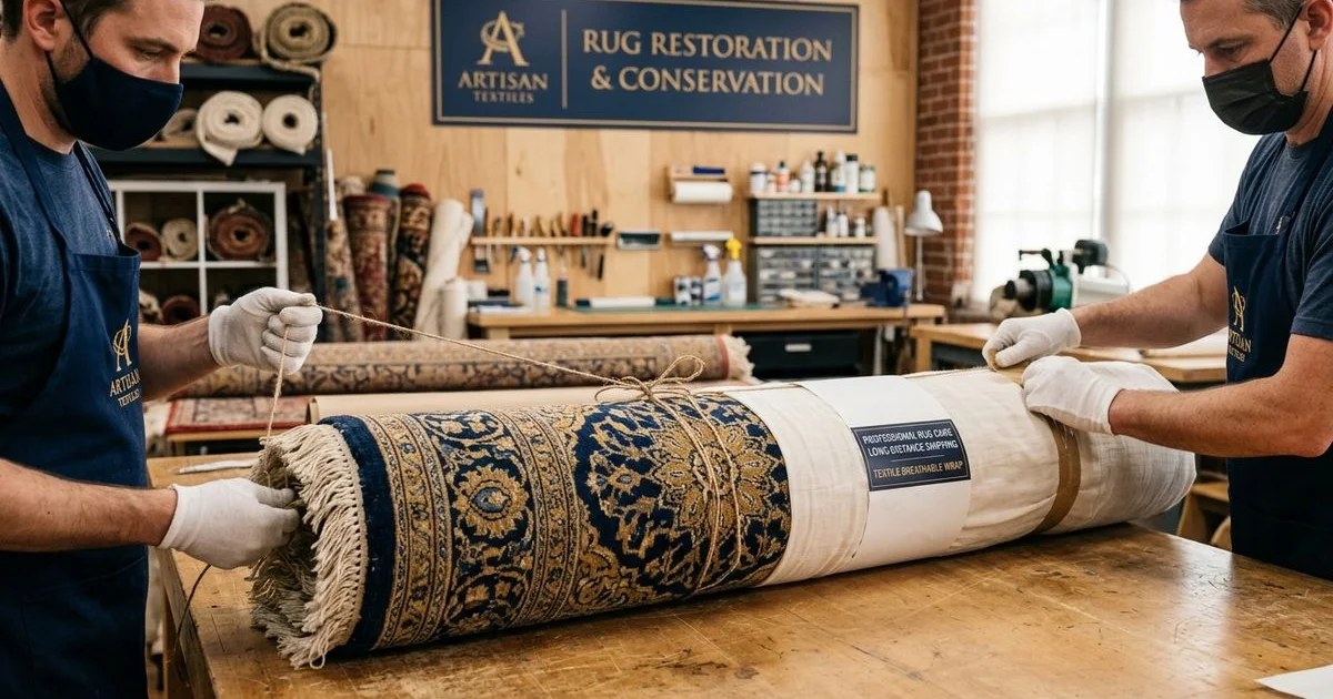 Rug being professionally wrapped for shipping