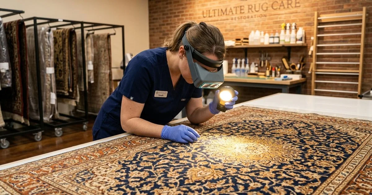 Delicate silk rug with a faint stain examined under light