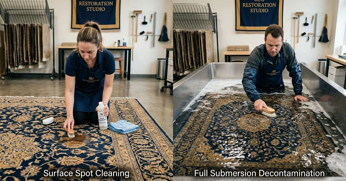 Surface spot-cleaning a rug vs full submersion bath