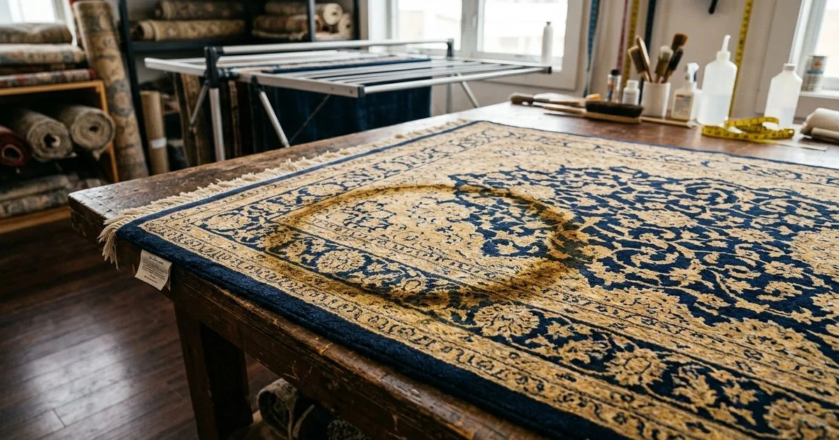 Viscose rug with yellow-brown water staining