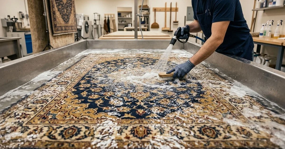 Rug fully submerged in a decontamination bath